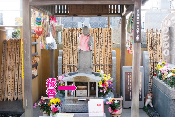 水子地蔵の前でお線香をお供えしてお参りする