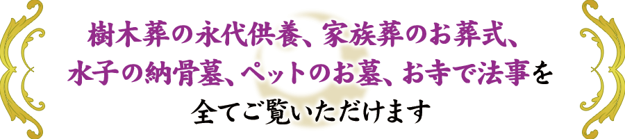木葬の永代供養、家族葬のお葬式、水子の納骨墓、ペットのお墓、お寺で法事を全てご覧いただけます